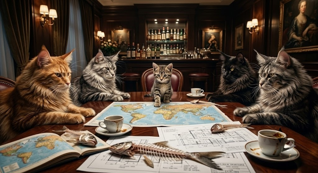 Cat and the council plotting over a world map